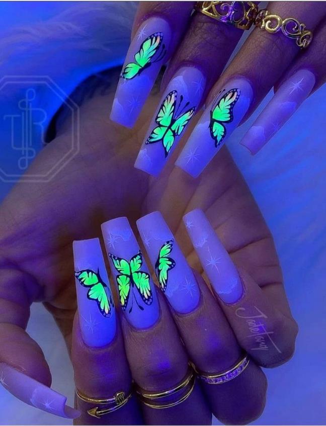 Long butterfly nails design with gel coffin nails